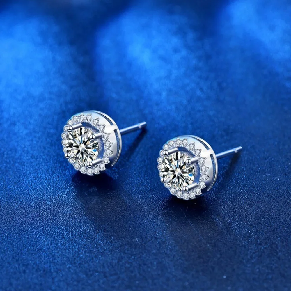 Certified 1ct. t.w. Diamond Moissanite Round Halo Stud Earrings NEW